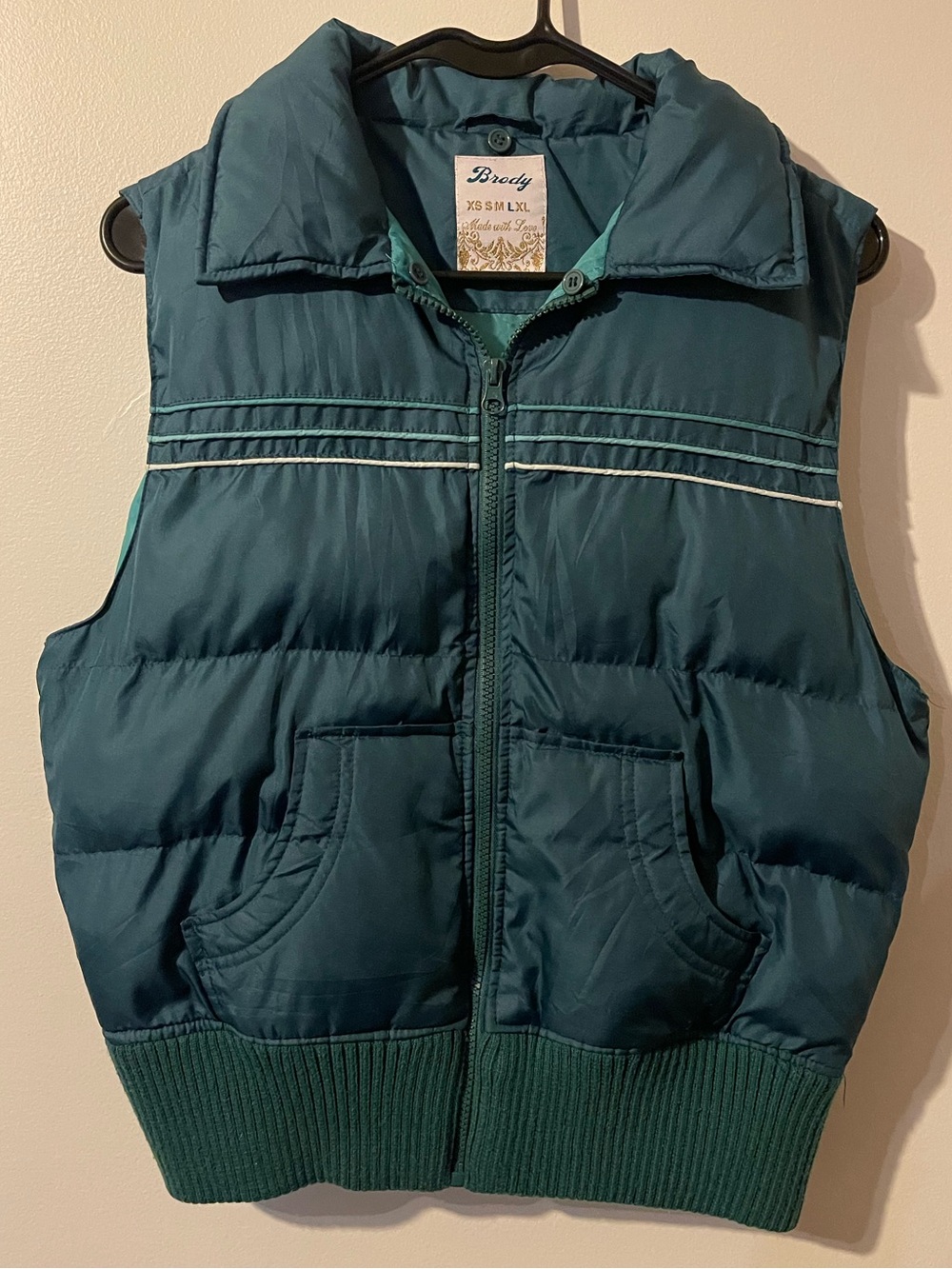 Brody Retro Puffer Vest Sleeveless Jacket Teal Green Blue Stripe Pockets L